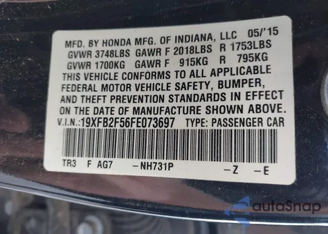 2015 Honda Civic Lx z USA, uszkodzony, nr VIN 19XFB2F56FE073697